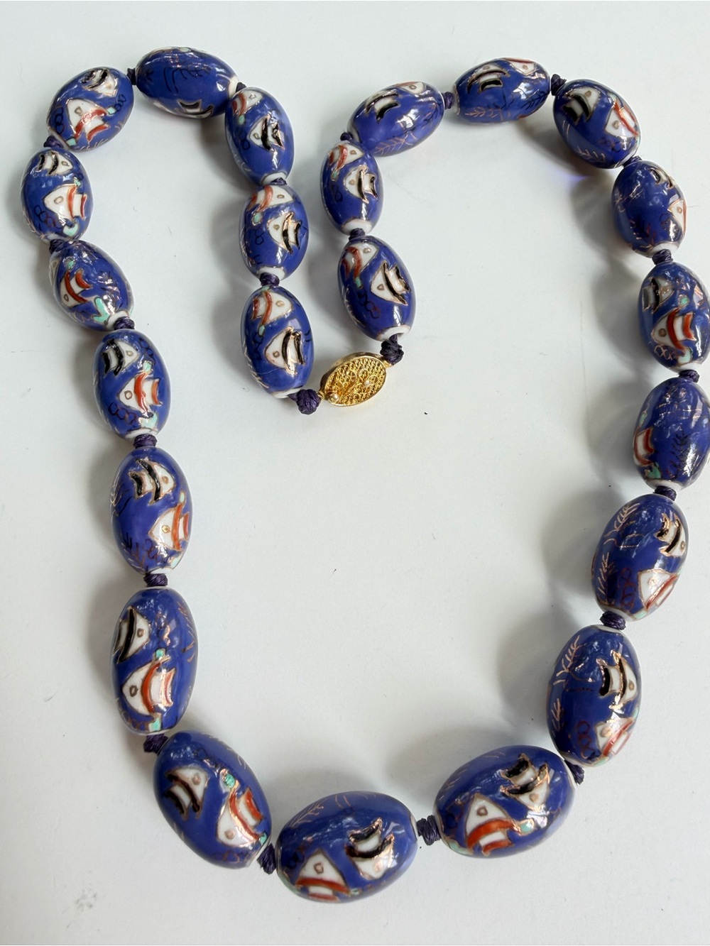 Rare Vintage Chinese Cobalt Blue Hand Painted Koi Fish Porcelain Bead Necklace